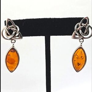 Estate .925 Earrings Baltic Amber Dangle Celtic Love Knot